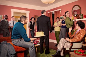 Arthur Franklin, Bjorn Anderson, Jake Street, Christopher Ringkamp, Jason Glick, Matthew Kern, Jeffrey Arrington, Joshua Rice, and Matthew Kerrigan in The Boys in the Band. Photo:Andrew Klaus